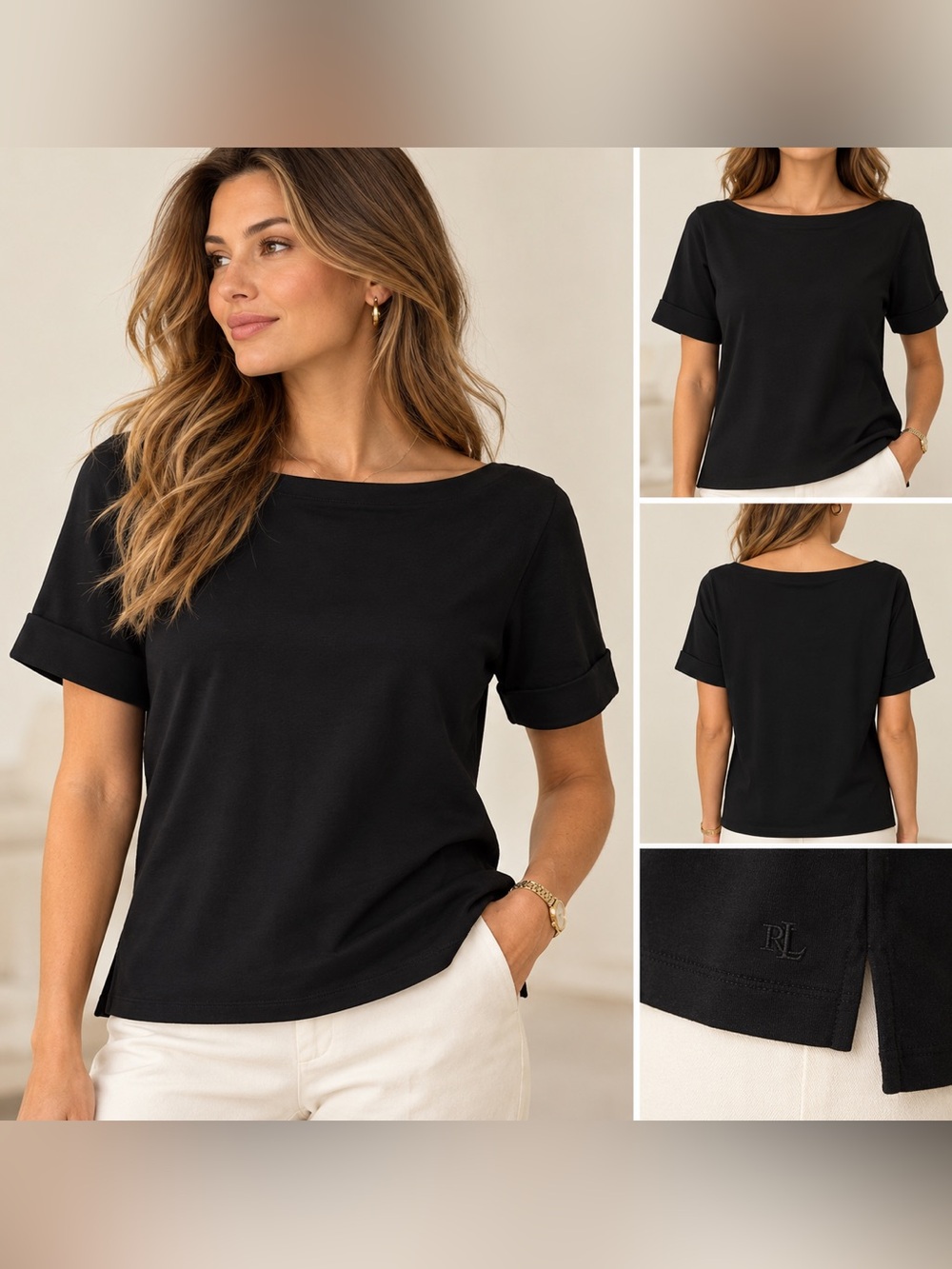 Ralph Lauren Black 100% Cotton Boat Neck Short Sleeve Top